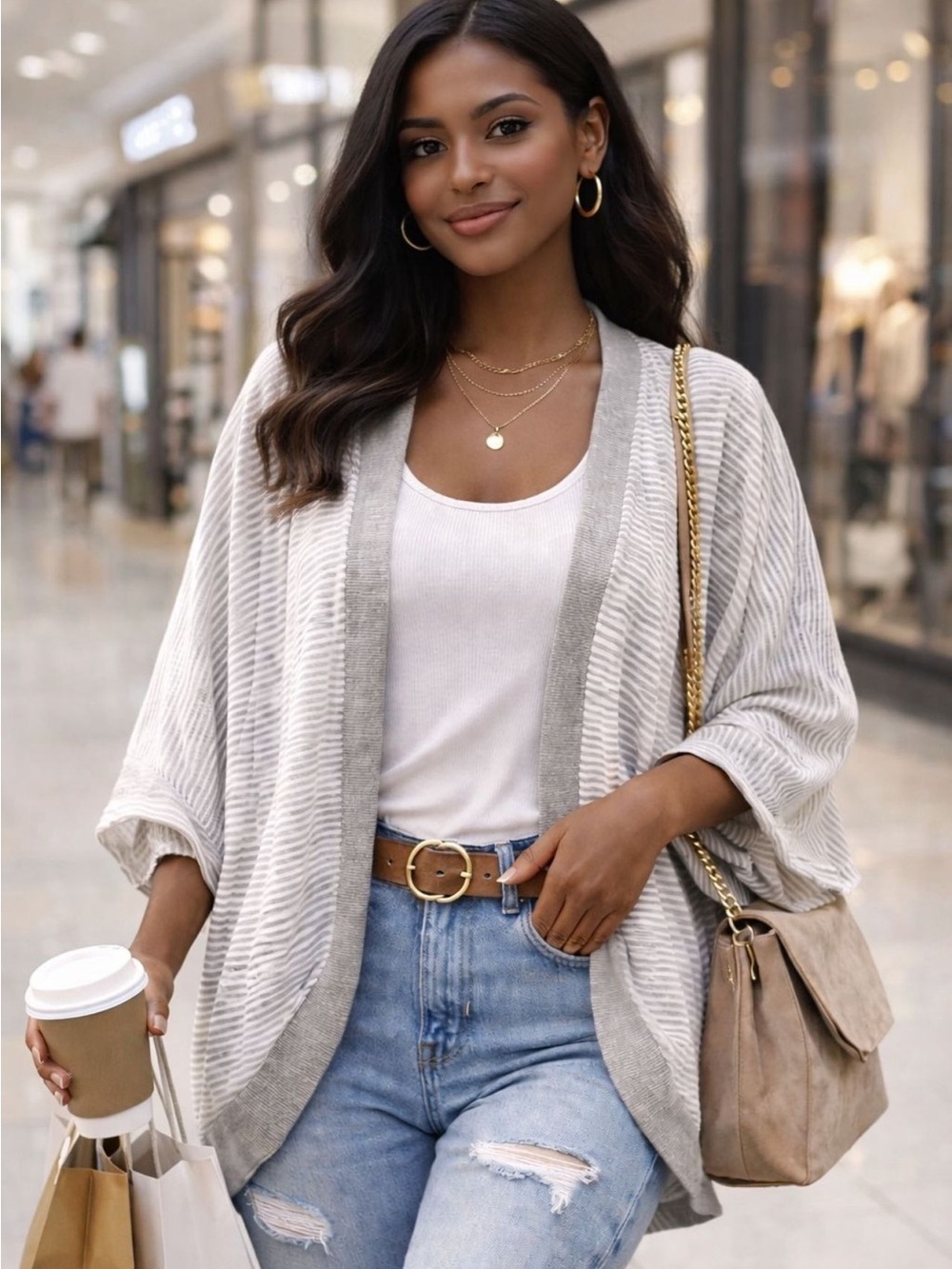 BKE Cream and Light Gray Striped Open-Front Women's Cardigan NWTS $34